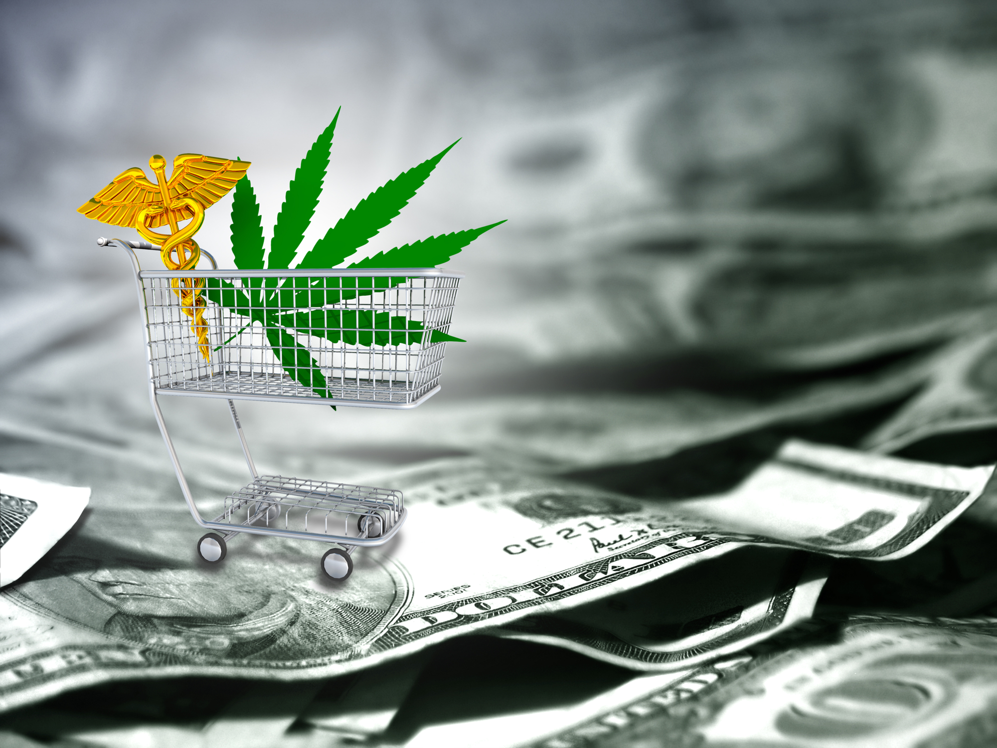 Marijuana leaf and caduceus in a cart. US dollars.