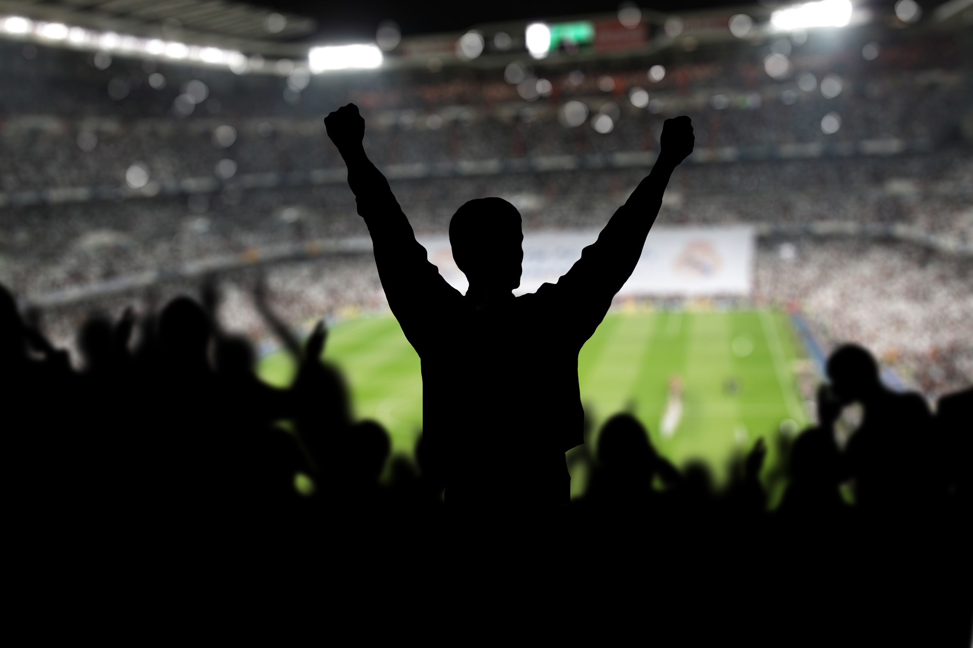 Image of a full stadium with silhouettes of fan on the foreground