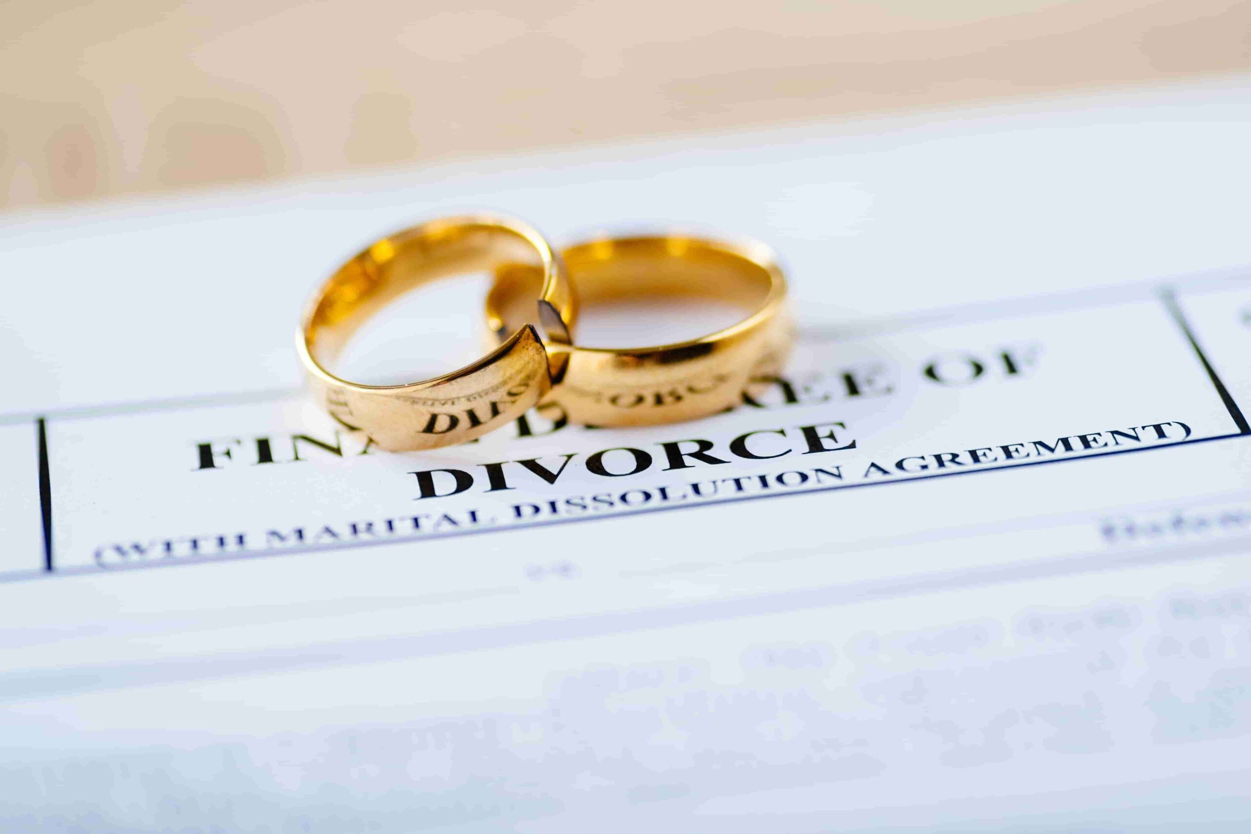 two gold wedding bands set on top of divorce papers