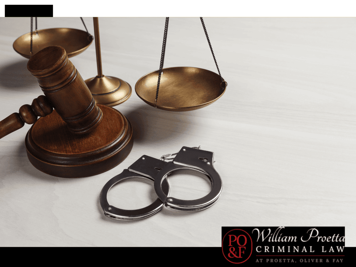 The image contains a judge's gavel, scales, and handcuffs. The image depicts courtroom objects included in a typical legal hearing
