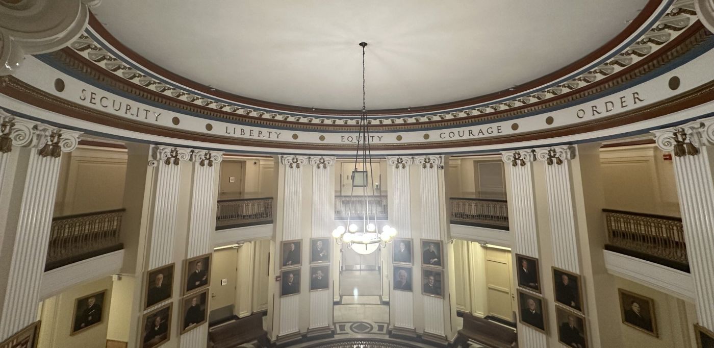 Rotunda inside the Union County Courthouse in Elizabeth, NJ, home of Union County Superior Court, with judges’ portraits and the words Liberty, Equity, Courage and Order